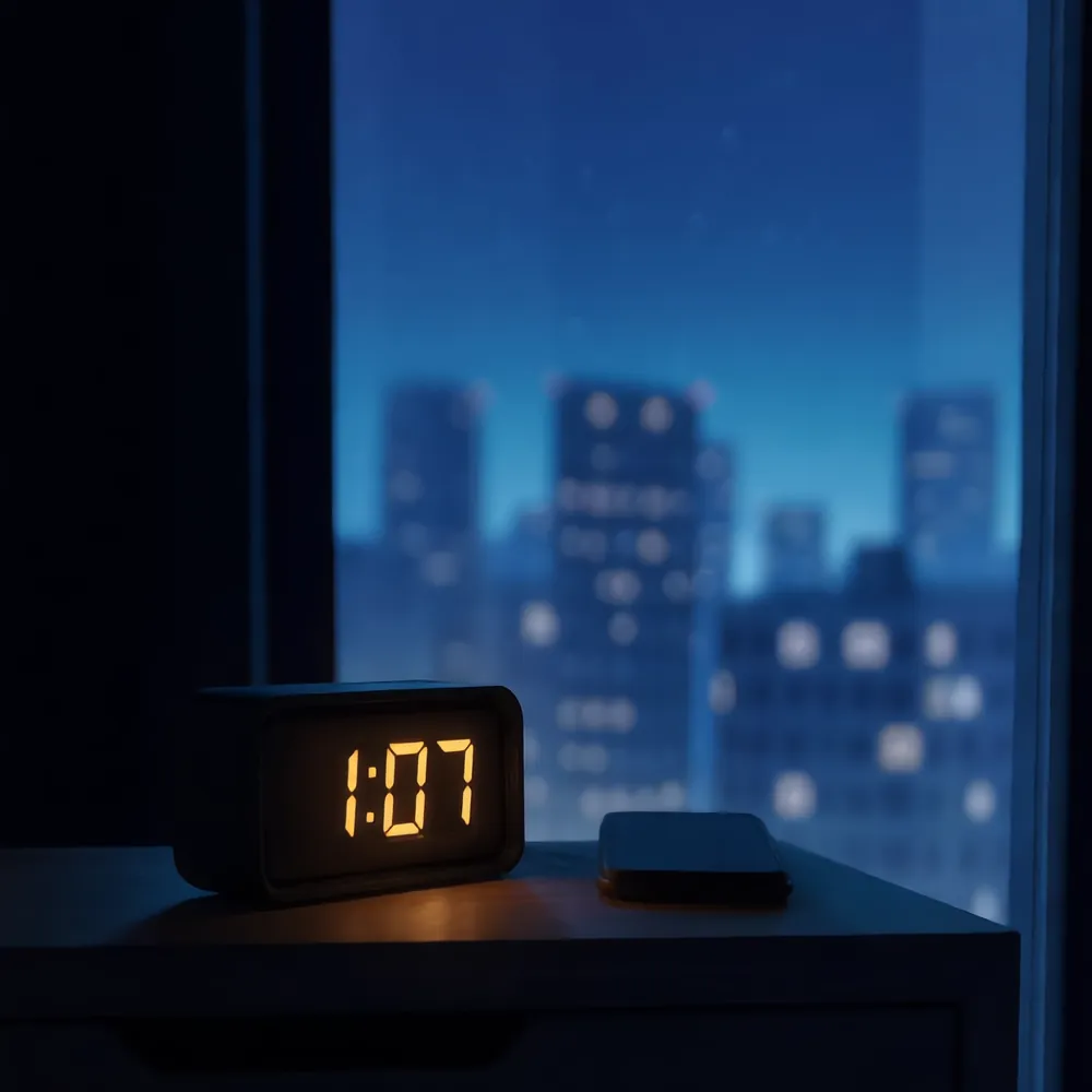 Illustration of a bedside alarm clock reading past one in the morning in a dark room