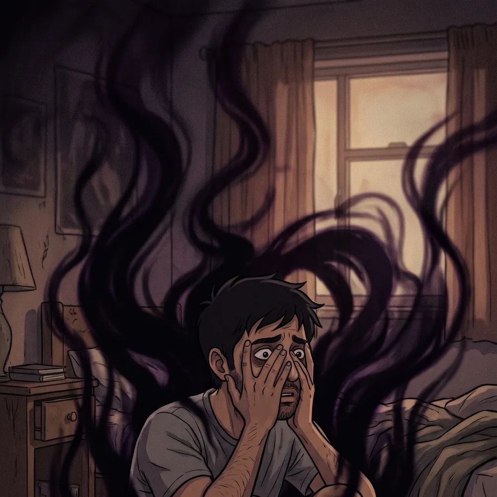 Illustration of a man riding out an intense urge, surrounded by dark swirling shapes