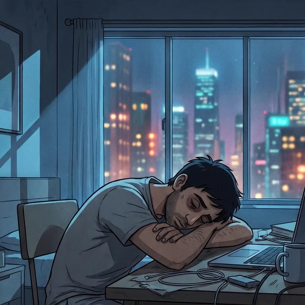 Illustration of a man slumped asleep at a home desk beside a laptop, worn down by unstructured remote work days