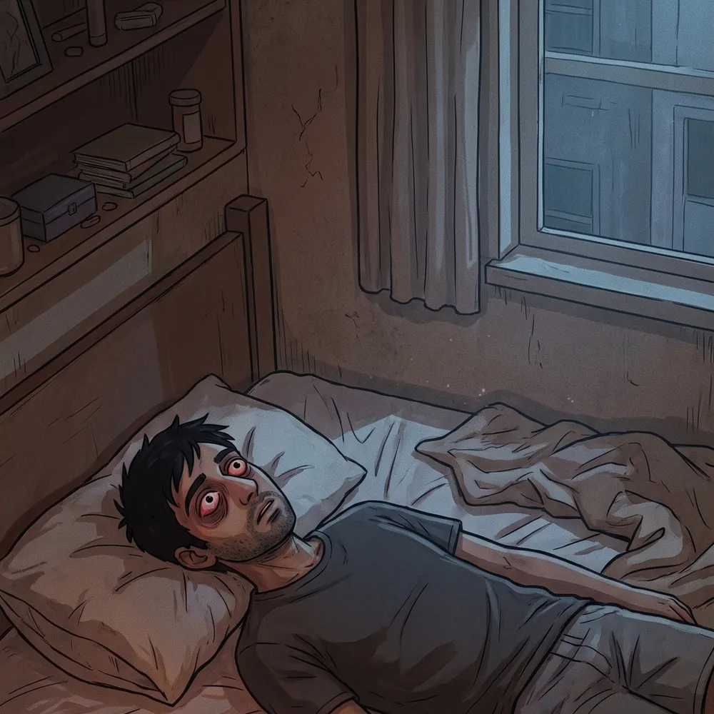 Illustration of a man lying awake in bed in the early hours, a red clock glowing beside him
