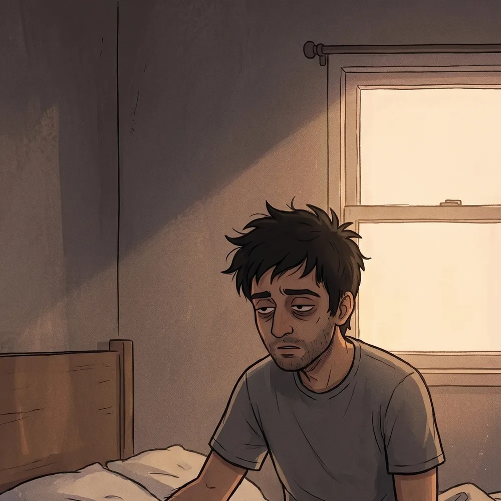 Illustration of a man sitting on the edge of a bed in morning light, rebuilding trust after telling his partner