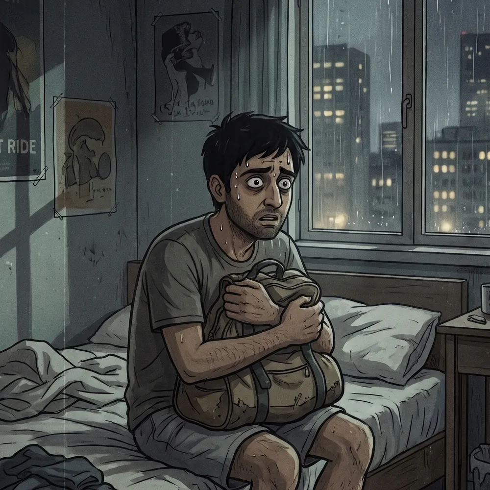 Illustration of a man sitting alone on a hotel bed at night with a city skyline behind him