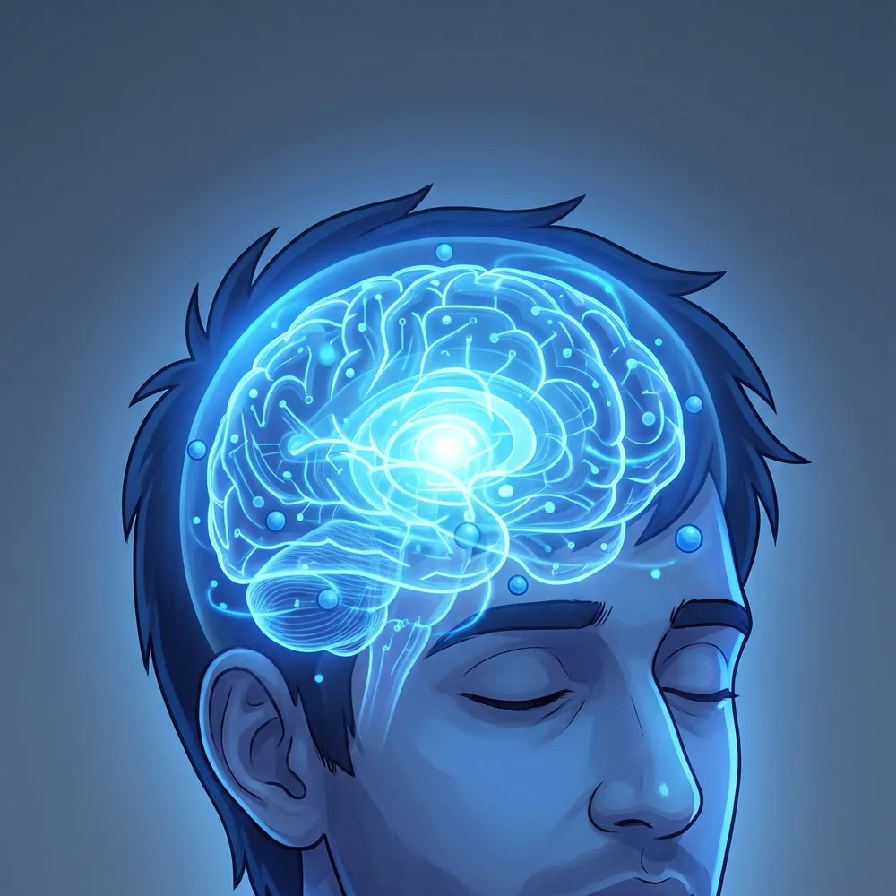Illustration of a calm man with a softly glowing blue brain, representing the reward system recalibrating over time