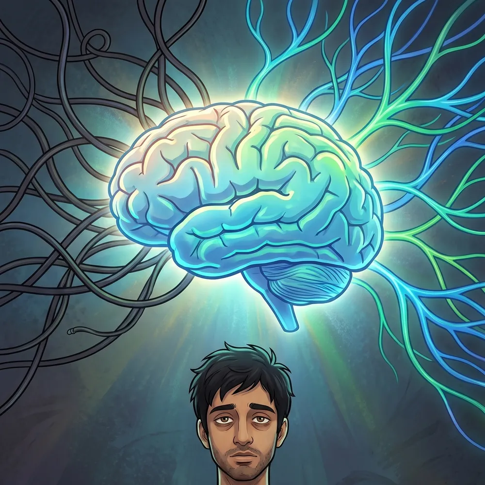 Illustration of a man beside a glowing diagram of the brain, explaining how the dopamine reward system works