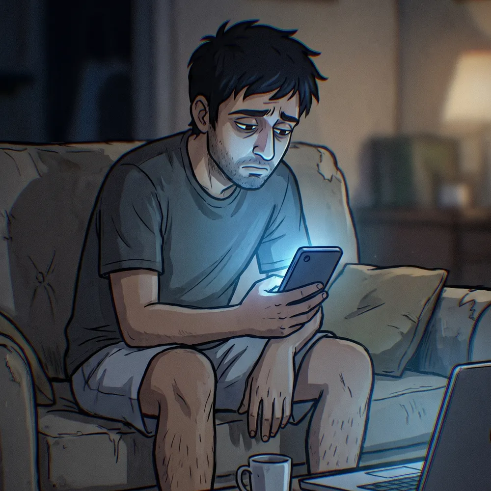 Illustration of a man absorbed in a screen late at night, caught in the same engineered reward loop that games use