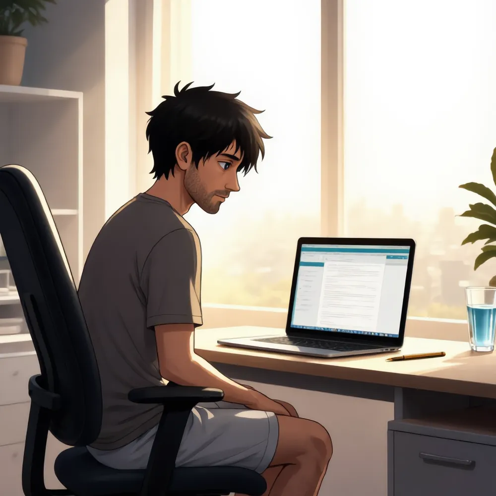 Illustration of a focused man working at a desk by a bright window during the day