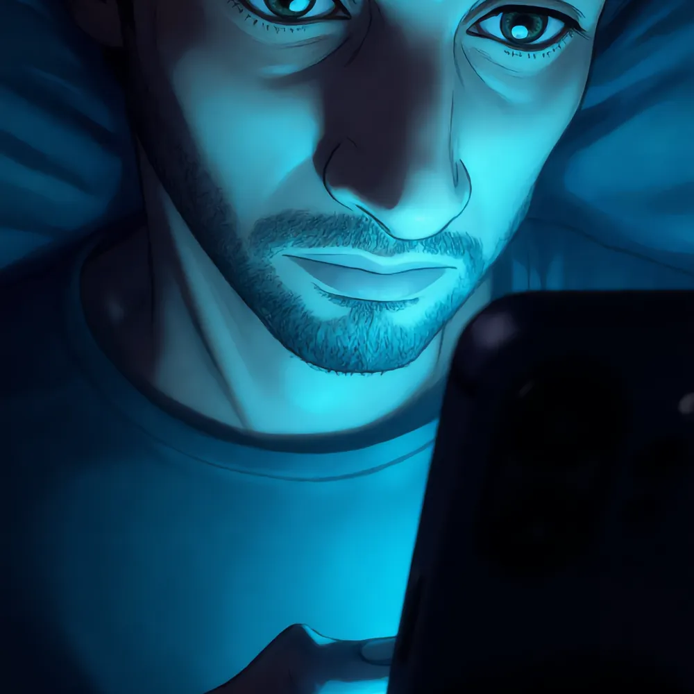 Close-up illustration of a tired man’s face lit by the glow of a phone screen in a dark room