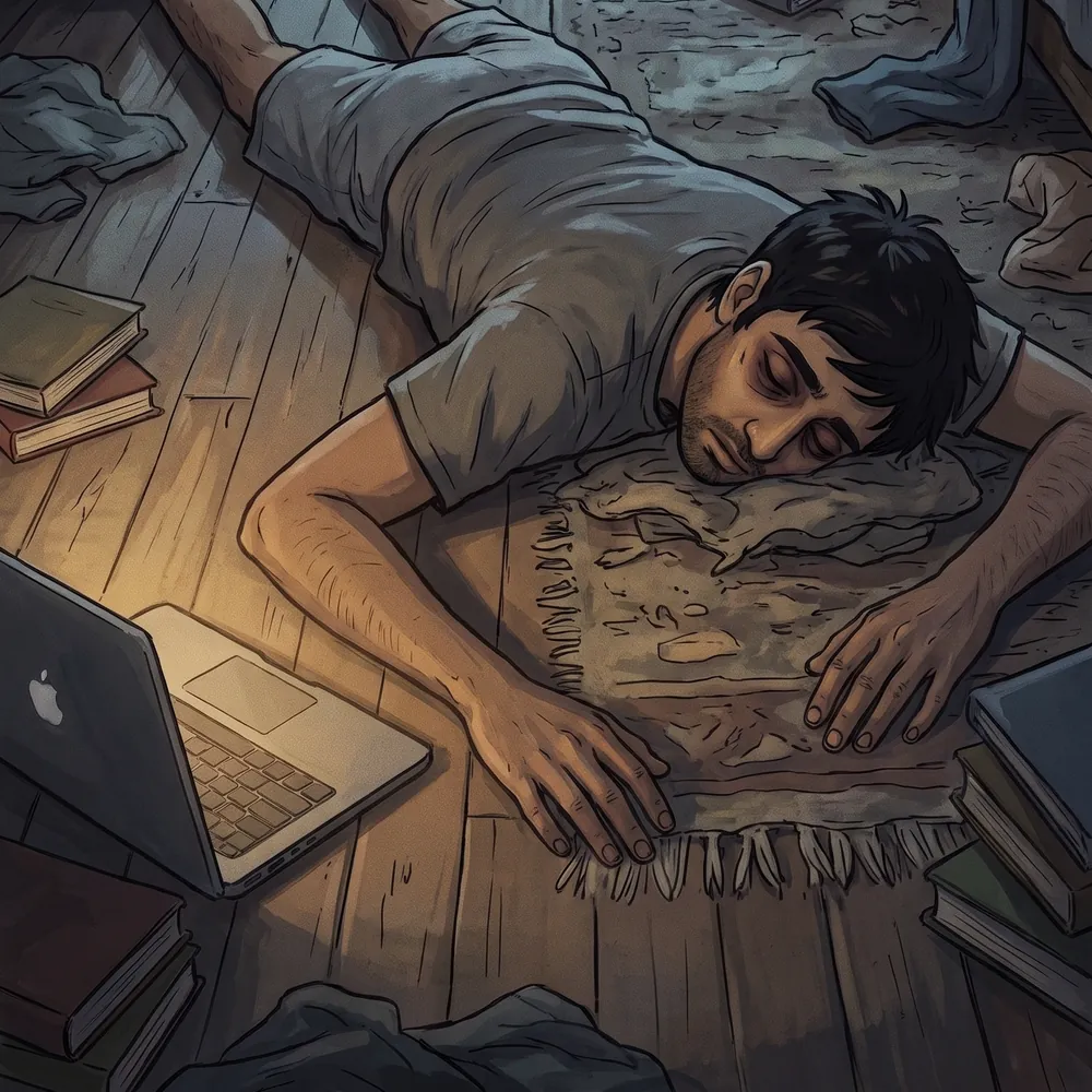 Illustration of a man lying on the floor of a messy room at a low point after a long relapse