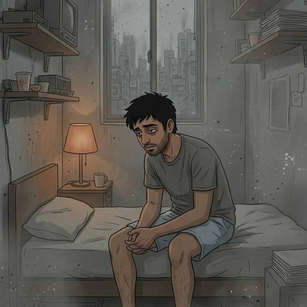 Illustration of a man sitting listlessly on a bed in a washed-out grey room during the NoFap flatline