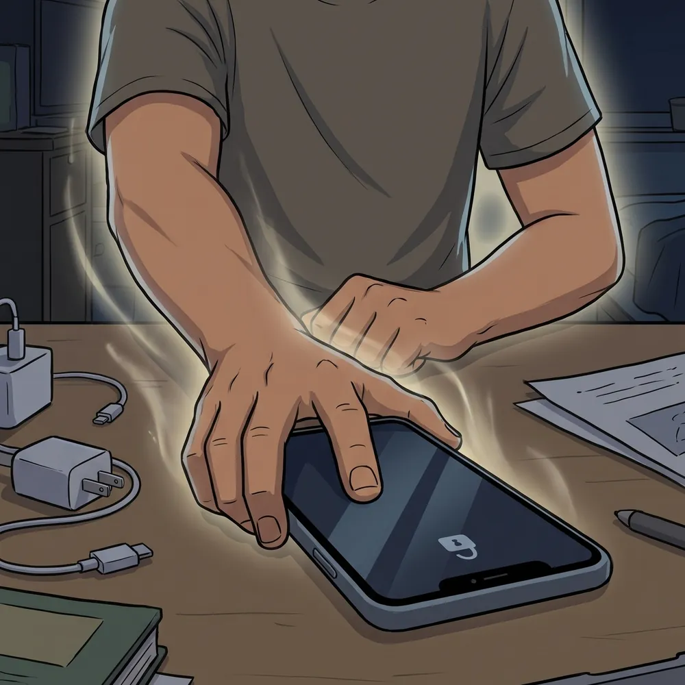 Illustration of a man’s hand hesitating over a phone, caught in the just this once thought