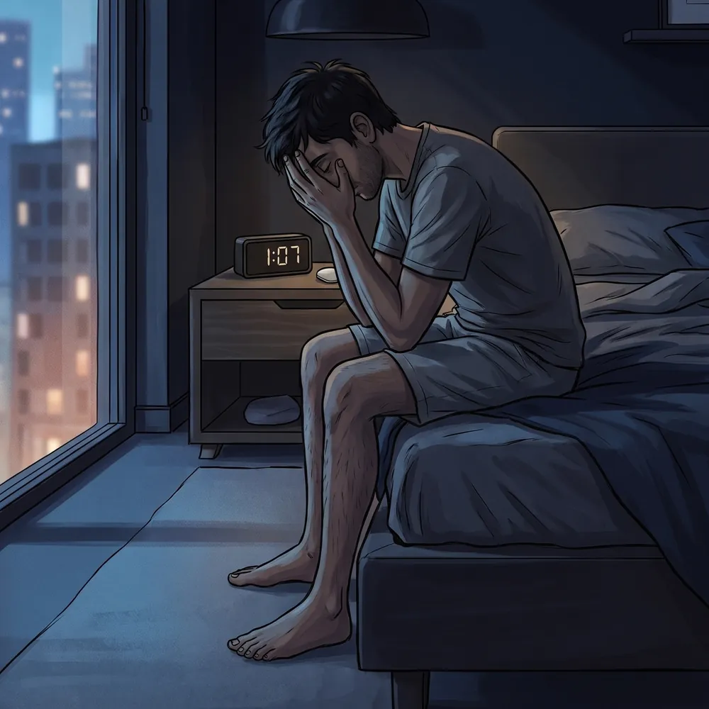 Illustration of a man sitting on a bed with his head in his hands the morning after a relapse