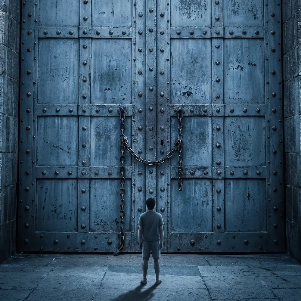 Illustration of a small figure standing before an enormous locked door, representing the excuses that delay starting