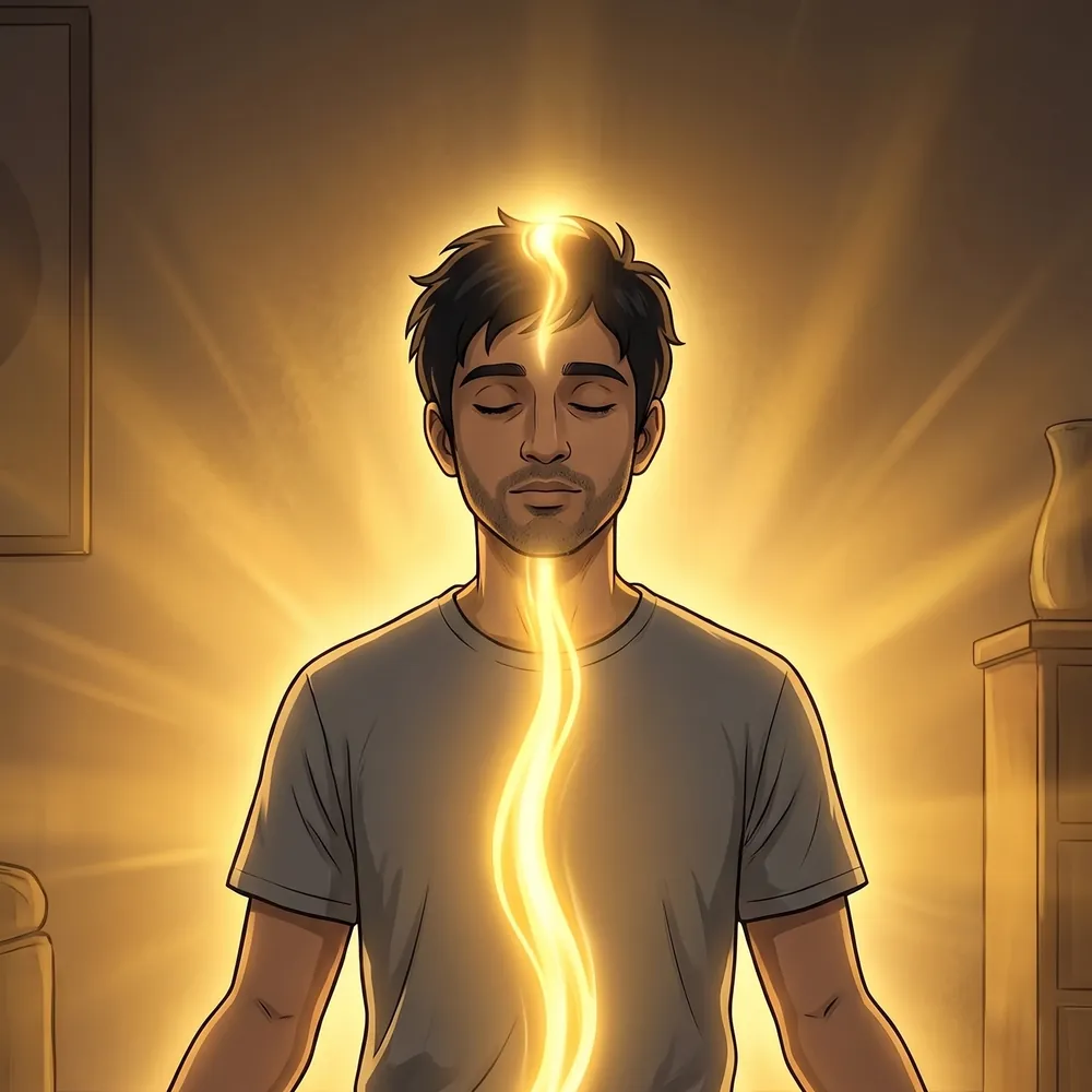 Illustration of a man meditating in golden light, practising brahmacharya