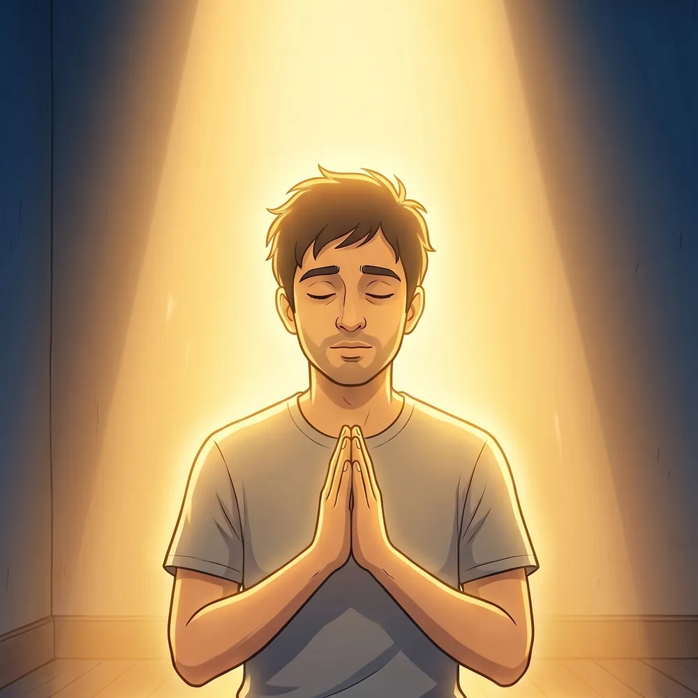 Illustration of a man sitting in quiet reflection in soft light, practising restraint of the gaze