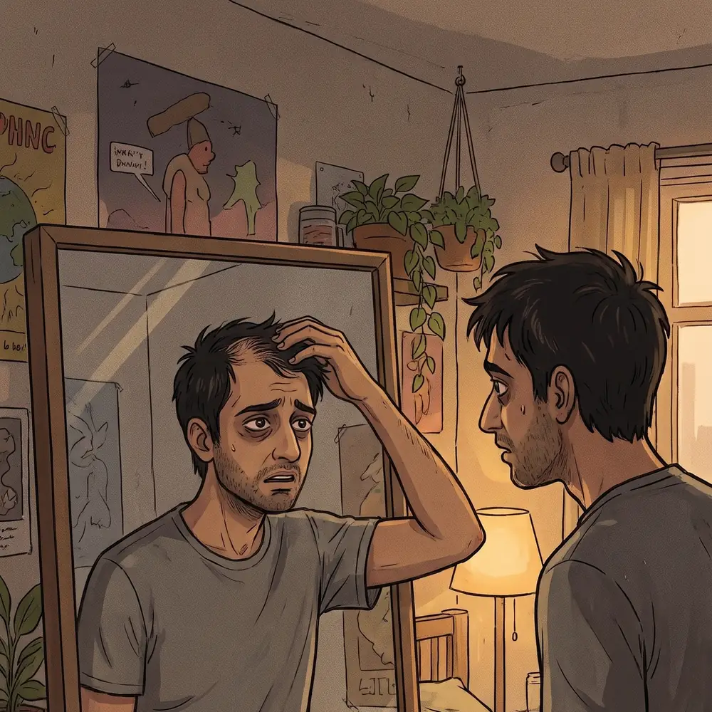 Illustration of an older man looking at his reflection, deciding to quit after decades of the habit