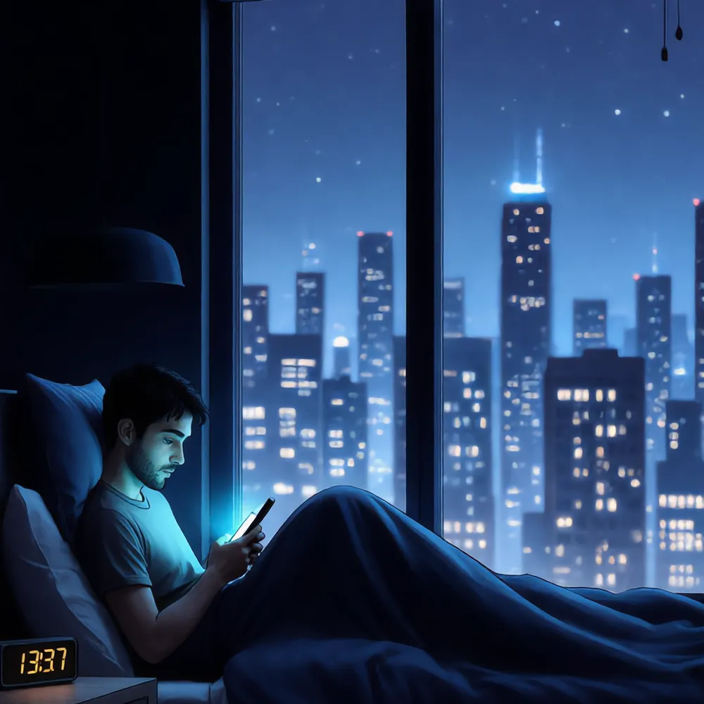 Illustration of a man lying in bed at night, his face lit by a phone screen