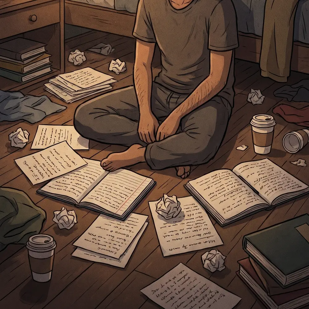 Illustration of a man sitting on the floor surrounded by scattered papers and notes, working out his relapse pattern