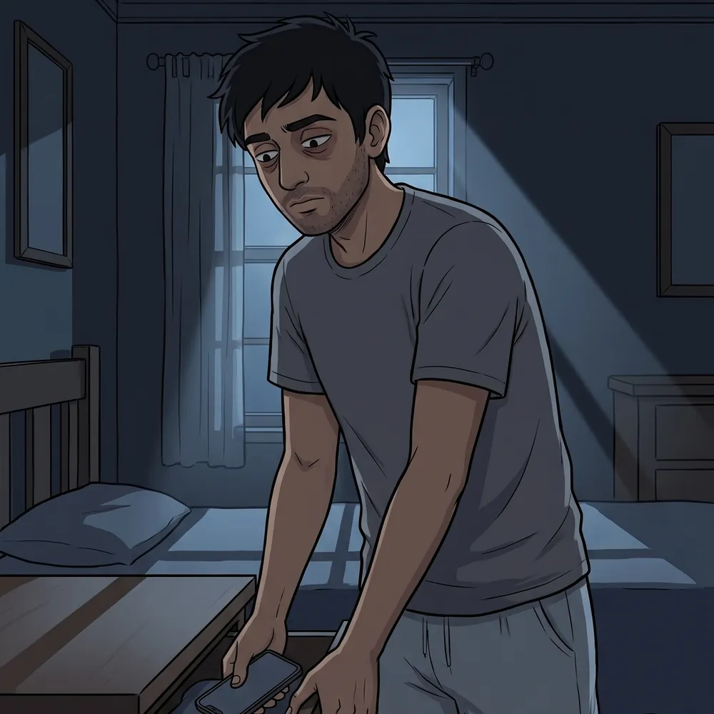 Illustration of a man putting his phone away in a drawer as part of a practical plan to quit porn