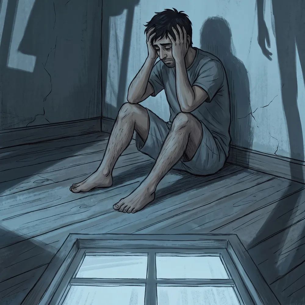 Illustration of a grieving man sitting alone on the floor with his knees drawn up, lit by a single window