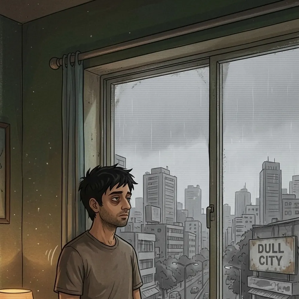 Illustration of a man looking out of a window in daylight, reflecting on weeks of progress quitting porn